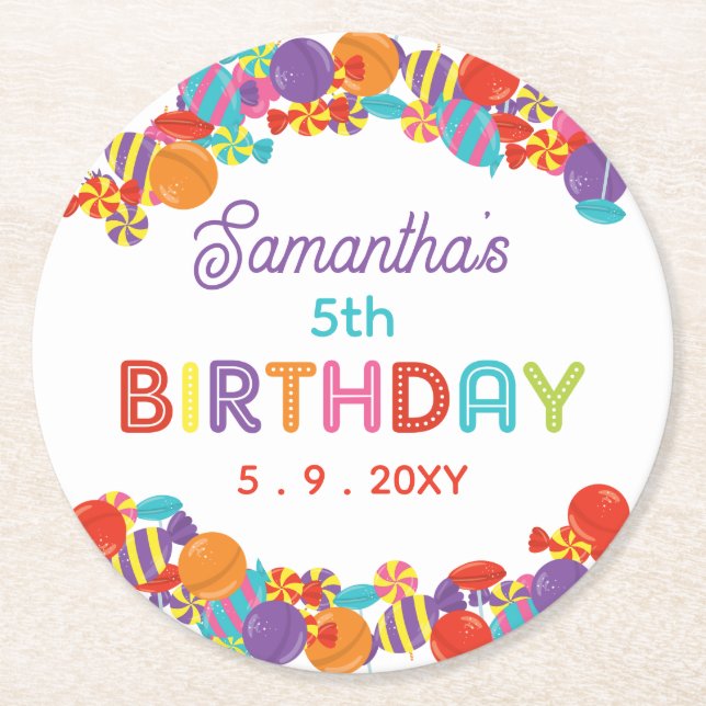 Colourful Sweet Fun Candy Birthday Party Round Paper Coaster (Front)
