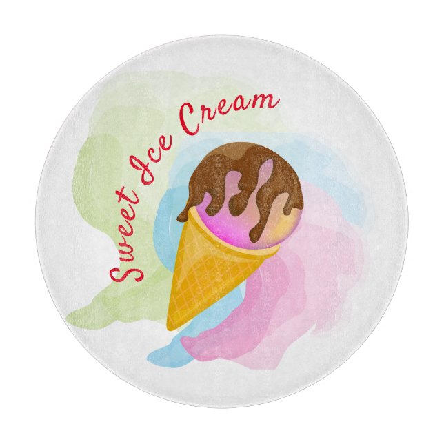 Colourful sweet ice cream in a cone cutting board (Front)