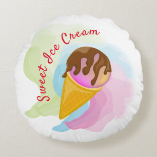 Colourful sweet ice cream in a cone round cushion