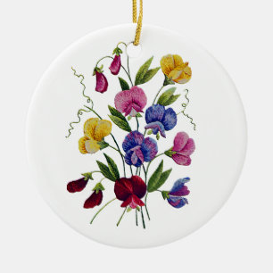 Colourful Sweet Peas Embroidered Ceramic Tree Decoration