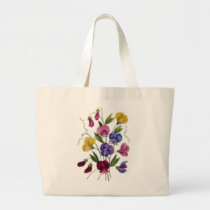 Colourful Sweet Peas Embroidered Large Tote Bag