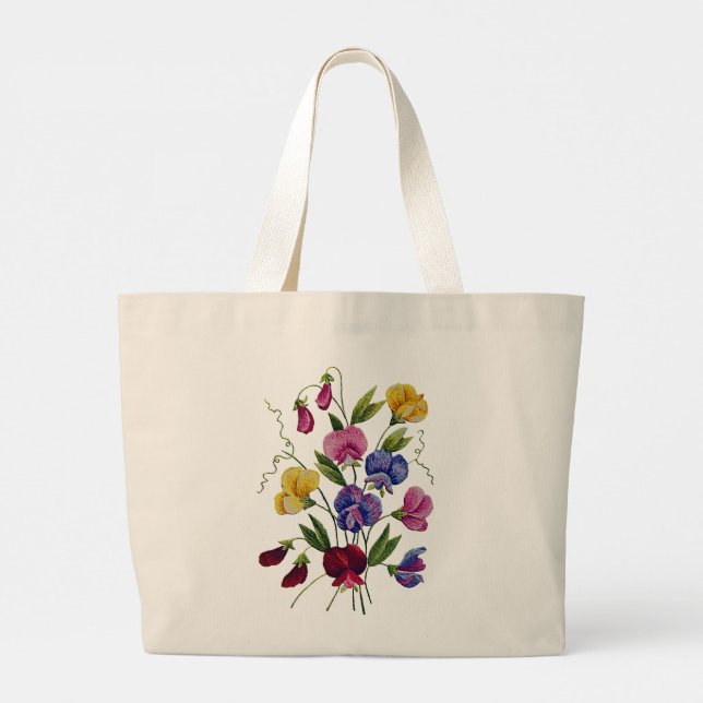 Colourful Sweet Peas Embroidered Large Tote Bag (Back)