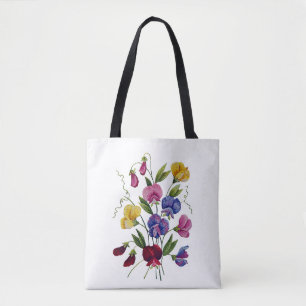 Colourful Sweet Peas Faux Embroidered Tote Bag