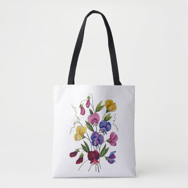 Colourful Sweet Peas Faux Embroidered Tote Bag (Front)
