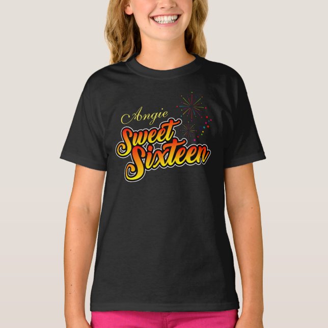 Colourful Sweet Sixteen with Name in Yellow text T-Shirt (Front)