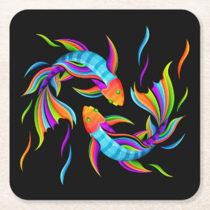Colourful Swimming Fish or Yin and Yang Symbol Square Paper Coaster