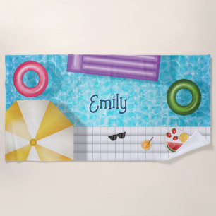 Colourful Swimming Pool And Pool Things With Name Beach Towel