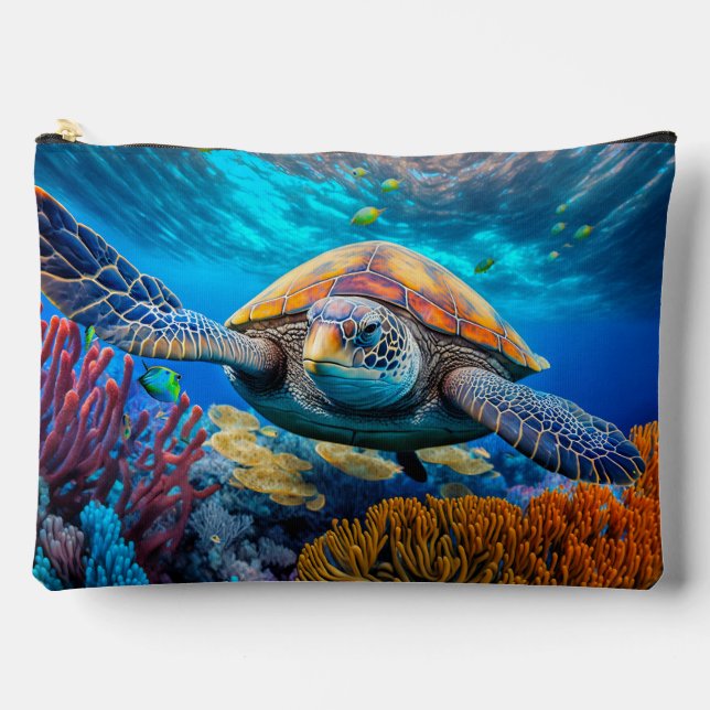 Colourful Swimming Sea Turtle Accessory Pouch (Front)