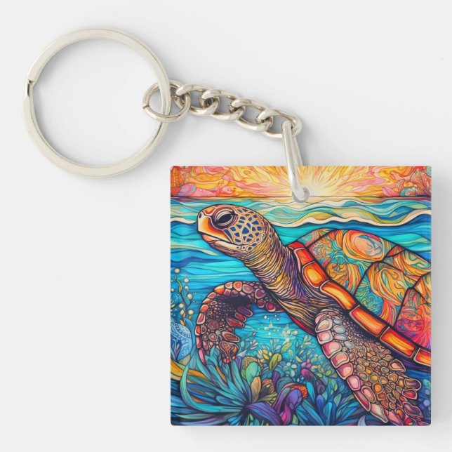 Colourful Swimming Sea Turtle Key Ring (Front)