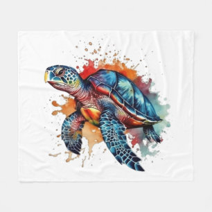 colourful swimming turtle in watercolor fleece blanket