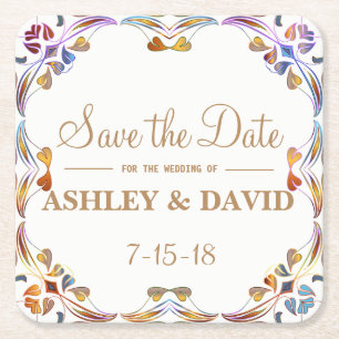 Colourful Swirl Border Save The Date Coaster