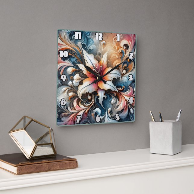 Colourful Swirling Floral Design With Lily Square Wall Clock (Office)