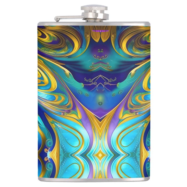 Colourful Swirls Abstract, blue gold purple Hip Flask (Front)