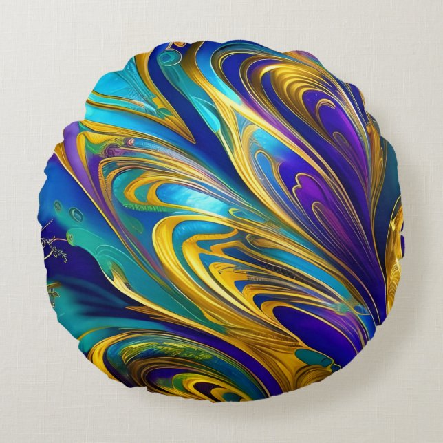 Colourful Swirls Abstract, blue gold purple Round Cushion (Front)