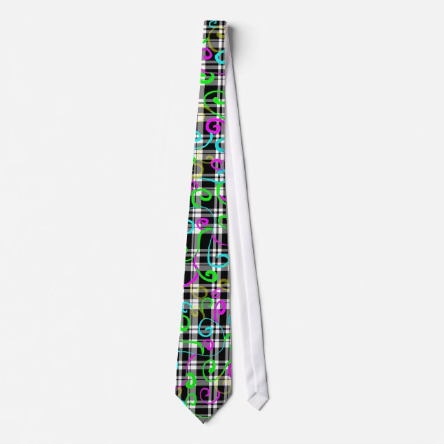 Colourful Swirls on Black and White Plaid Tie (Front)