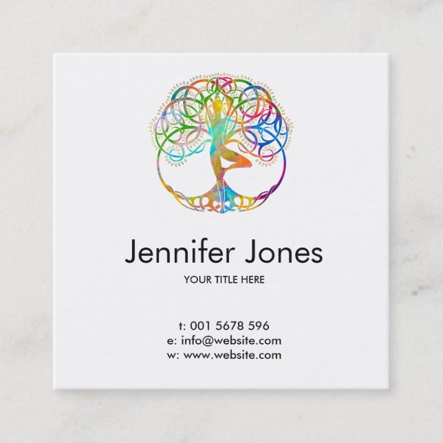 Colourful  symbol for Vriksasana - Yoga Tree pose Square Business Card (Front)