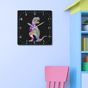 Colourful T rex Scary Jurassic Dinosaur Art Square Wall Clock