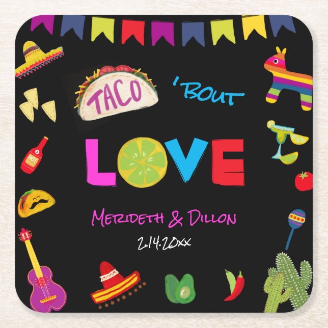 Colourful Taco Bout Love Mexican Fiesta Wedding Square Paper Coaster (Front)