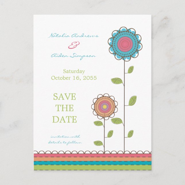 Colourful Tall Flowers Save the Date Postcard (Front)