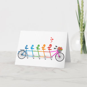 colourful tandem bicycle with cute birds family card