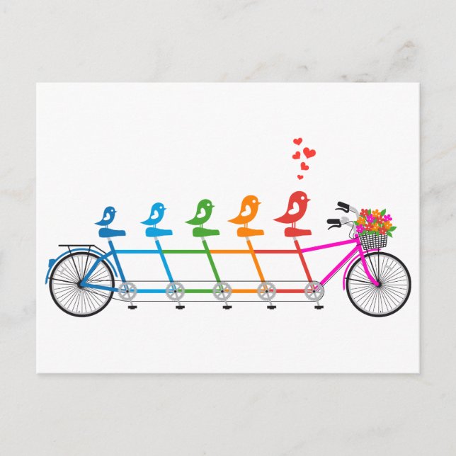 colourful tandem bicycle with cute birds family postcard (Front)