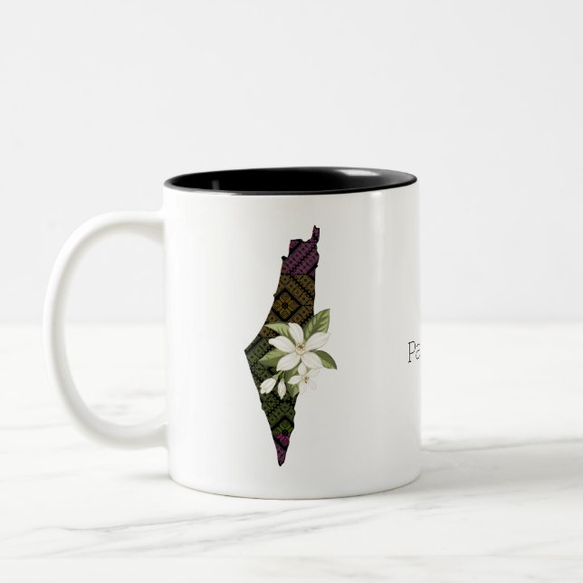 Colourful Tatreez Map Of Palestine Two-Tone Coffee Mug (Left)