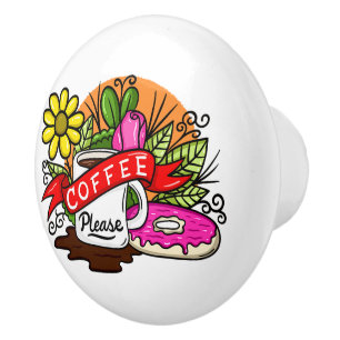 Colourful Tattoo Coffee and Doughnut Ceramic Knob