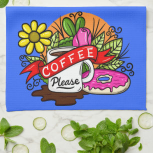 Colourful Tattoo Coffee and Doughnut Tea Towel