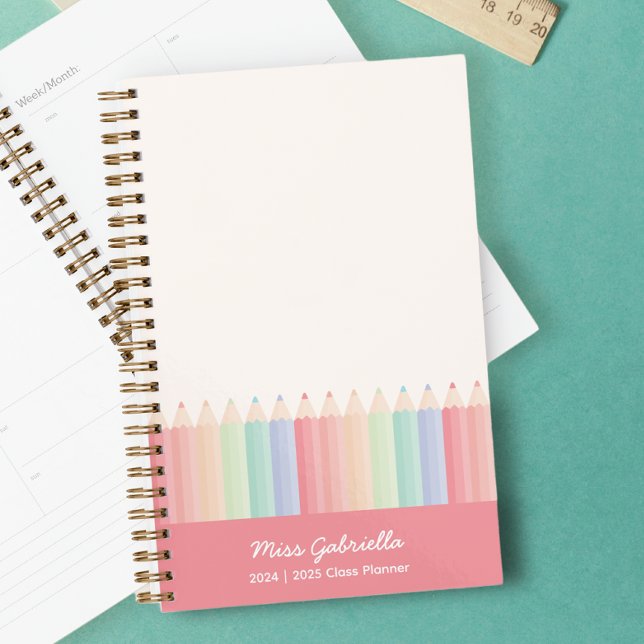 Colourful Teacher Custom Year Planner (Cute Teacher yearly class planner, with a rainbow of pencils and a soft red color block to add name.)