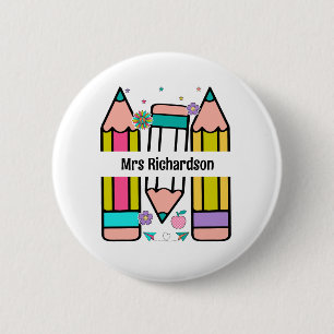 Colourful teacher name pencil cartoon  6 cm round badge