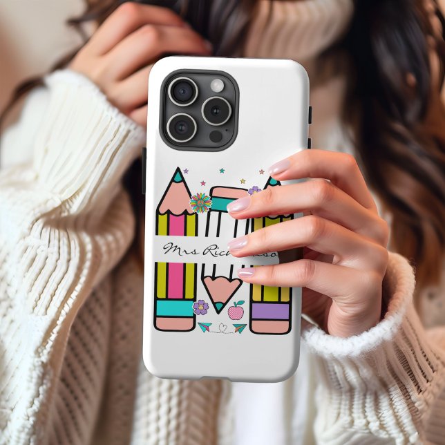 Colourful teacher name pencil cartoon  Case-Mate iPhone case (Creator Uploaded)