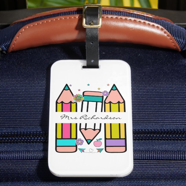 Colourful teacher name pencil cartoon  luggage tag (Front Insitu 2)