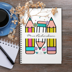Colourful teacher name pencil cartoon  notebook