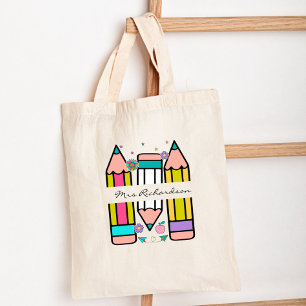 Colourful teacher name pencil cartoon tote bag