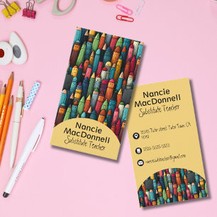 Colourful Teacher Tutoring Cartoon Crayon Pattern Business Card