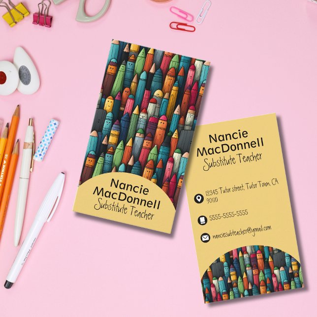 Colourful Teacher Tutoring Cartoon Crayon Pattern Business Card (Colorful Teacher Tutoring Cartoon Crayon Pattern Business Card)