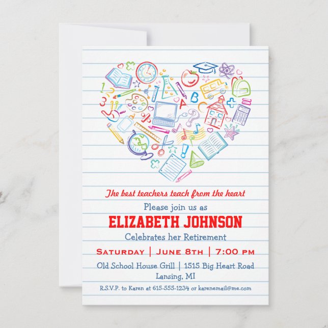 Colourful Teachers Heart Retirement Party Invite (Front)