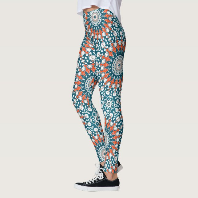 Colourful Teal and Coral Mandala Print Leggings (Left)