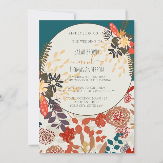 COLOURFUL TEAL BOHO FLORAL INVITATION (Front)