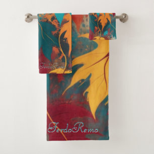 Colourful Teal Orange Autumn Leaves Botanical Patt Bath Towel Set