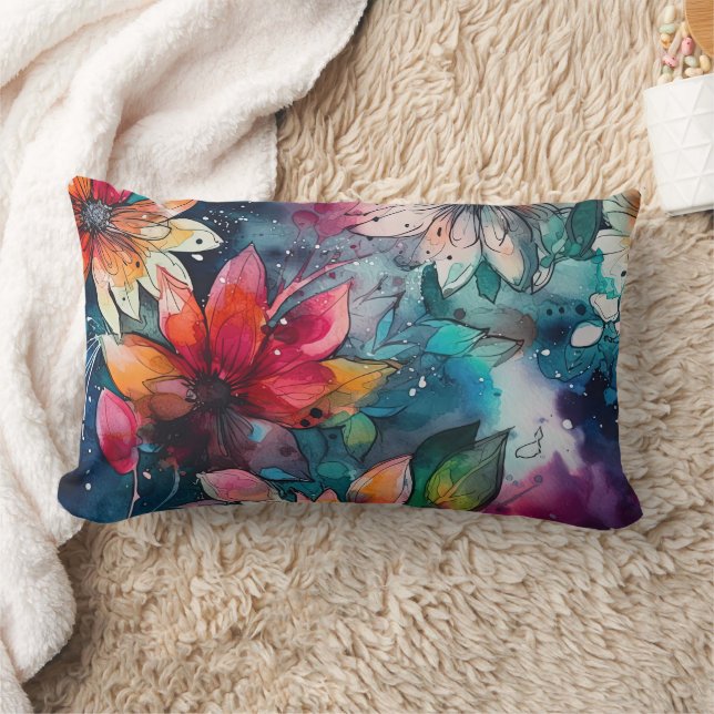 Colourful Teal Orange Watercolor Flowers Lumbar Cushion (Blanket)