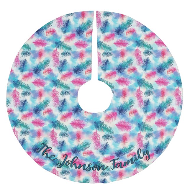 Colourful Teal, Pink and Purple Branch Family Name Brushed Polyester Tree Skirt (Front)