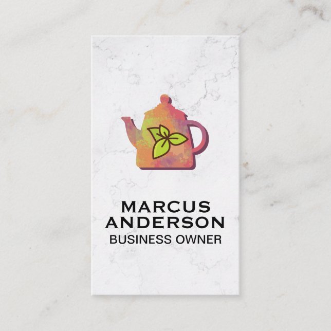 Colourful Teapot | White Marble | Green Leaf Business Card (Front)