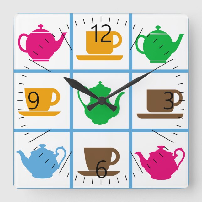 Colourful teapots pattern square wall clock (Front)