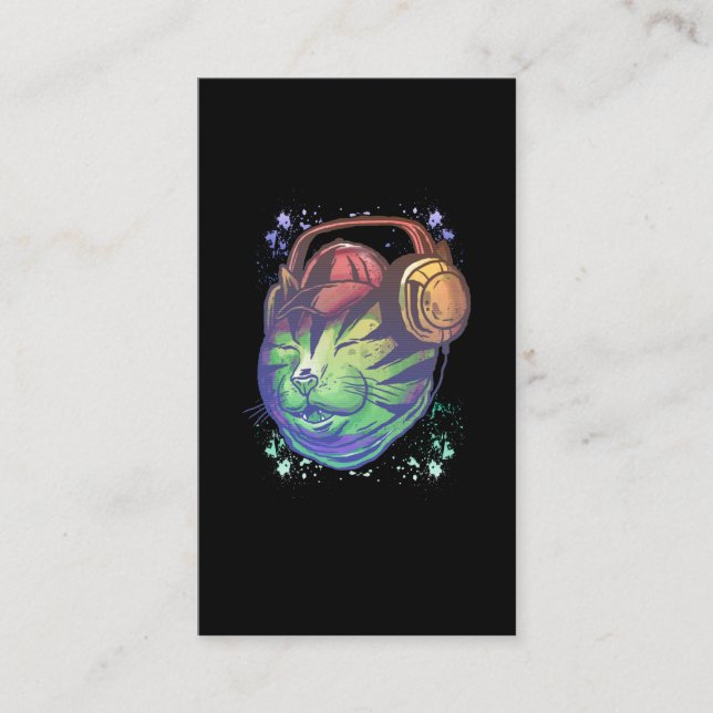 Colourful Techno Cat DJ Musician Raver Kitten Business Card (Front)