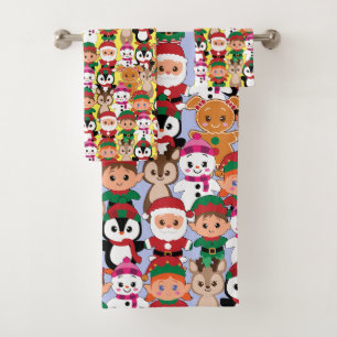 Colourful Teddy Christmas with Many Professions Bath Towel Set