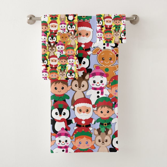 Colourful Teddy Christmas with Many Professions   Bath Towel Set (Insitu)