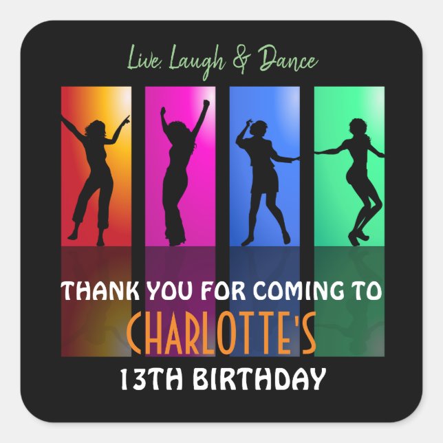 Colourful Teenager Disco Party | Birthday Square Sticker (Front)
