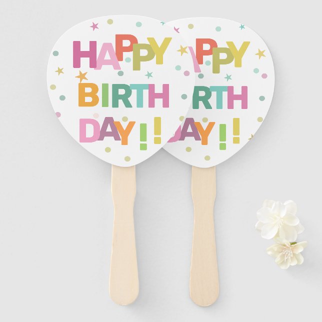 Colourful Text Confetti and Stars Happy Birthday   Hand Fan (Front and Back)