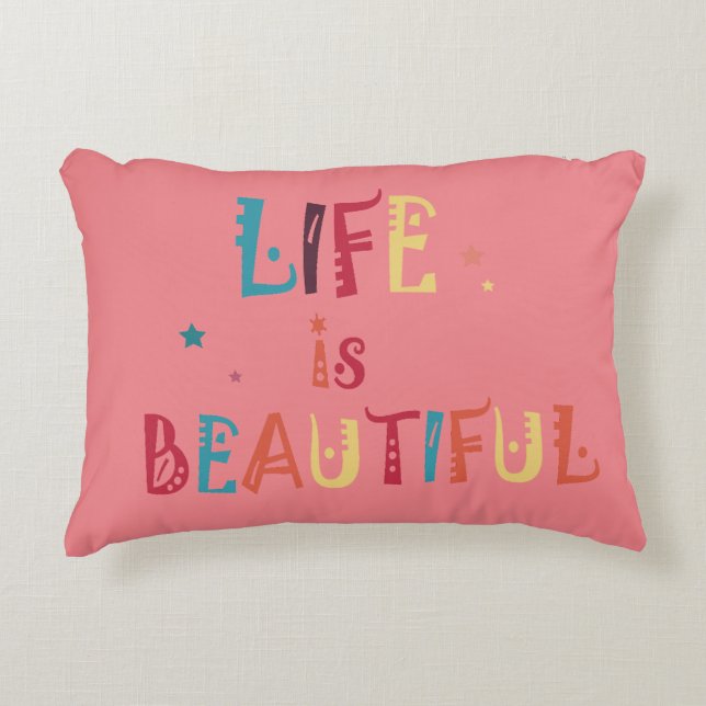 colourful text life is beautiful and the stars   decorative cushion (Front)